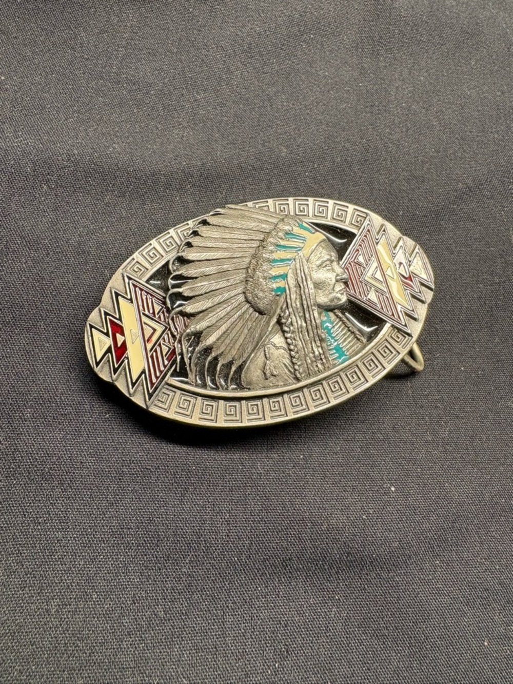 Vintage Native Chief Oval Belt Buckle with Turquoise color Accents